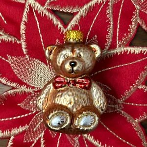3” Teddy Bear Red Bow Glitter Christmas Ornament